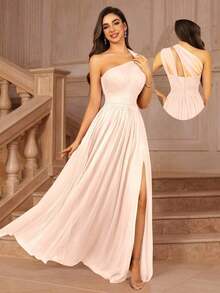 MOEVIO Vestido formal largo para dama de honor, invitada de boda, evento, verano, San Valentín, cumpleaños, con cuello cruzado asimétrico de un hombro, espalda descubierta, falda de tul en línea A, para mujeres, otoño, regreso a clases, fiesta de bienvenida, cumpleaños, primavera - Rosa - Ver 12