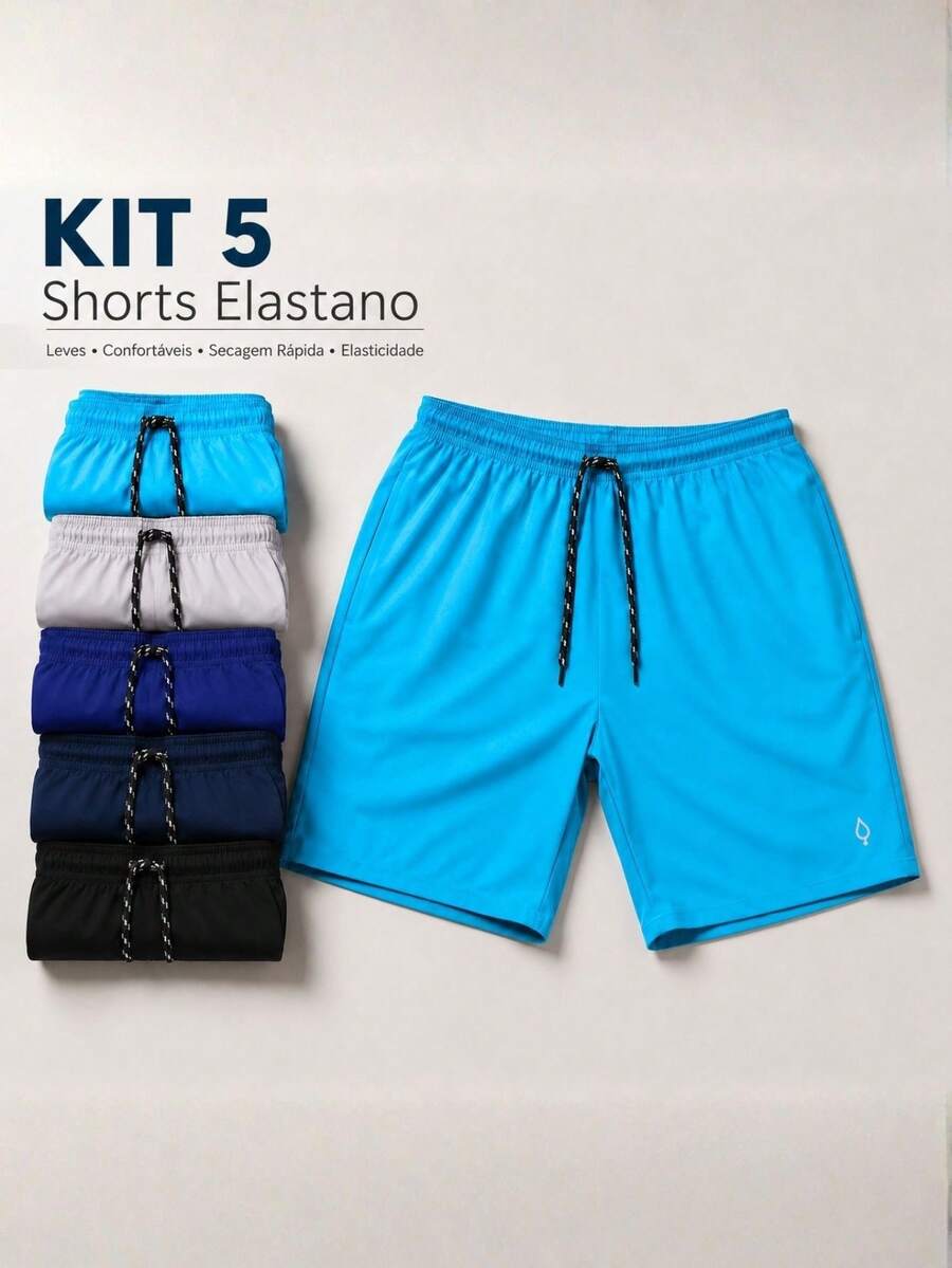 KIT OF 5 Men's Shorts In Tactel Elastane Resin, Casual, Comfortable With Pockets - Turquoise/Royal/Gray/Navy/Black - View 1