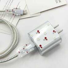 5pcs/Set 18W/20W Charger Adapter TPU Protective Case Compatible With IPhone, Anti-Fall, Floral, Cherry, Fruit Patterns, Cute & Minimalist Style, Data Cable Anti-Bite Protector, Ideal Gift For Girls - White Chrysanthemums and Red Cherries - View 3