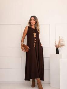Long Dress In Viscose/Lycra Blend With Side Pockets. - Rust Brown - View 2