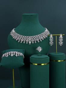 5 piezas Conjunto de joyería nupcial de estilo real con diseño geométrico de borlas, chapado en oro blanco, con circonita cúbica blanca engastada a mano, que incluye collar, pulsera, aretes y anillo, adecuado para uso diario, regalo de aniversario de boda o regalo para amigos (incluye empaque de caja de regalo premium) - borlas geométricas - Ver 10