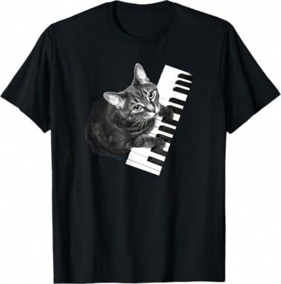 T-Shirt With Pianist Cat Print - Black - View 1
