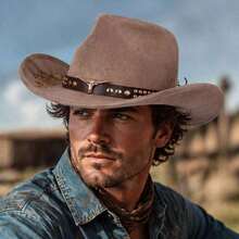 Women Men Embroidery Cowgirl Hat Wide Brim Cattle Head Belted Wool Hat Felt Jazz Cap For Party - màu đen - Xem 5