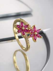 1 pieza Anillo envolvente con decoración de flor de circonita cúbica, joyería de cobre para el Día de San Valentín - Dorado - Ver 4