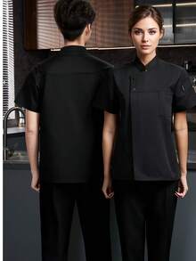 New Unisex High-End Chef Shacket, Summer Short Sleeve Woven Fabric Workwear, Hotel Catering, Restaurant, Western Restaurant, Chinese Restaurant, Back Kitchen, Bakery, Coffee Shop, Beverage Shop - Black - View 2