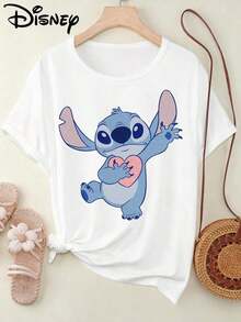 Disney Plus Size Women's Casual T-Shirt, Stitch Valentine's Day Graphic Print Round Neck Short Sleeve Top, Stretchy Machine Washable Fabric, Comfortable Apparel |   Urban Chic |   Casual Style - 白色 - 查看 1