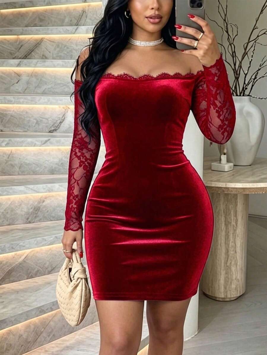ChicMe Women's Lace Patchwork Off-Shoulder Long Sleeve Ruched Velvet Bodycon Mini Party Cocktail Dress For Formal Occasions - Burgundy - View 1