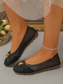 1 Pair Mesh Satin Ribbon Bow Metal Decor Gentle Intellectual Women's Round Toe Shoes For Daily Wear - Black - View 5