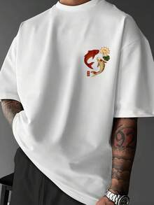 Men's T-Shirt, A Fashionable Item! Short Sleeve With Koi Fish And Lotus Embroidery, Soft, Machine Washable, Suitable For Outdoor Sports, Casual Daily Wear, Shopping And Travel. - 白色 - 查看 2