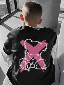 Boys' Short Sleeve T-Shirt, 1 Piece, With Alphabet - Letter Print, Crew Neck, Casual Top - Soft, Machine Washable, Suitable For Playdates And Casual Wear, Comfortable Year-Round Clothing, Not A T-Shirt - 黑色 - 查看 1