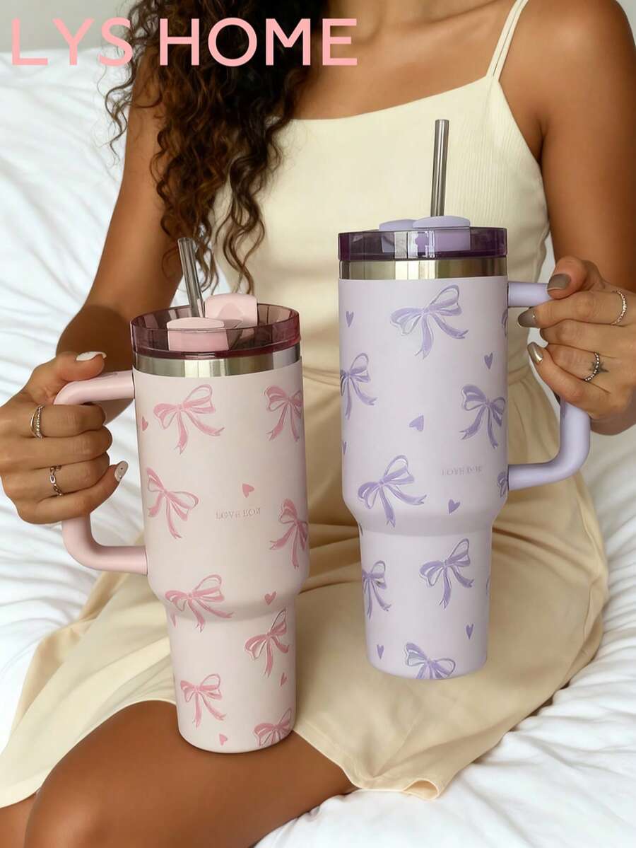1 chiếc cốc giữ nhiệt bằng thép không gỉ 40oz-14oz có thiết kế hình nơ, cốc du lịch dung tích lớn có quai xách, thích hợp cho xe hơi, trường học, văn phòng, ngoài trời, phòng tập thể dục, nhà riêng, món quà tuyệt vời cho phụ nữ và thanh thiếu niên, quà tặng ngày lễ, quà tặng sinh nhật (kèm ống hút)