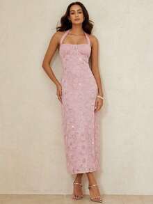 Vestido de sirena ajustado con diseño de busto fruncido, bordado de flores 3D, cuentas y recortes en color rosa, para primavera/verano. Vestido versátil, elegante, romántico y lujoso para fiestas, citas y vacaciones - Rosa - Ver 5