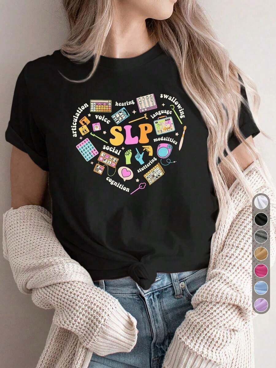 Summer T-Shirt, Graphic Print Tee, Women's Casual Sporty Tee, Crew Neck Tee, SLP, Speech Therapy Cardiology, Stylish Speech Therapists, Professional Commute Outfit, Teacher's Day Work Theme, Speech Therapy, Humor, Comfortable All-Season Top, Crew Neck Tee, Cotton Tee, Women's Top - Black - View 1