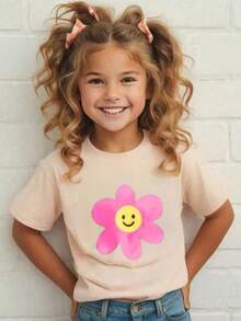 Pink Flower With  Face Printed T-Shirt For Kids - Apricot - View 2