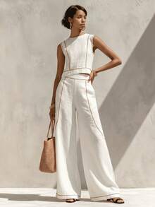 Women's Modest Boho Two-Piece Outfit Sleeveless Round Neck Cropped Blouse  Long Wide Leg Pants With Contrast Piping In Woven Fabric For Spring Outings - White - View 1