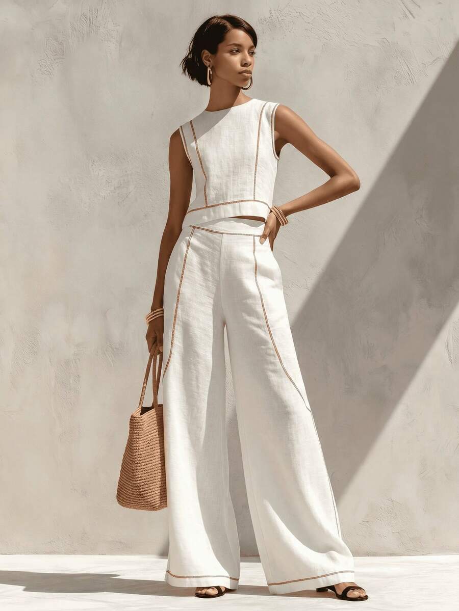 Women's Modest Boho Two-Piece Outfit Sleeveless Round Neck Cropped Blouse Long Wide Leg Pants With Contrast Piping In Woven Fabric For Spring Outings - White - View 1