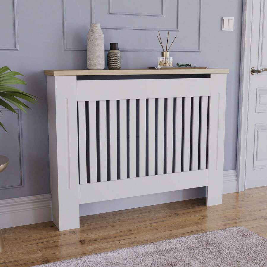 Home Discount Vida Designs Arlington Radiator Cover Heat Protection Adjustable Vertical Slats With Wooden Shelf Top MDF Cabinet Easy To Install - White - Blanco - Ver 1