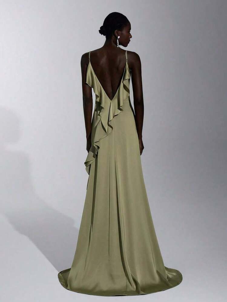 Elitara Elegante y hermoso vestido de dama de honor de satén brillante de color verde pastel con volantes grandes en la espalda, escote ajustable y cola pequeña, adecuado para bodas, temporada escolar, despedida de soltera, ocasiones formales y el Día de San Valentín - Verde - Añade 1