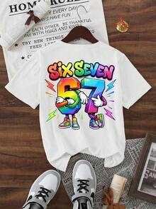 Basic Short-Sleeved T-Shirt For Pre-Teen Boys, Featuring A Cartoon-Style Slogan Graphic Print With The Number 67, In A Minimalist And Refreshing Style, Suitable For Casual Spring, Summer And Autumn Outfits - 藕粉色 - 查看 4