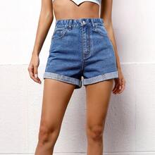 2026 Spring Summer New European American Women Jeans Shorts Loose Wide Leg Denim Shorts Casual High Waist  Streetwear Ladies Daily Vacation Outfit Pants - 深藍色 Dark Blue - 查看 2