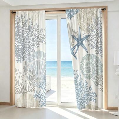 2pcs Curtains Featuring Watercolor-Style Starfish And Coral Patterns.With A Fresh,Oceanic Aesthetic And 2D Flat Printing,These Lightweight,Light-Filtering Curtains Are The Perfect Choice For Summer Window Decor,Suitable For Both Living Rooms And Bedrooms.