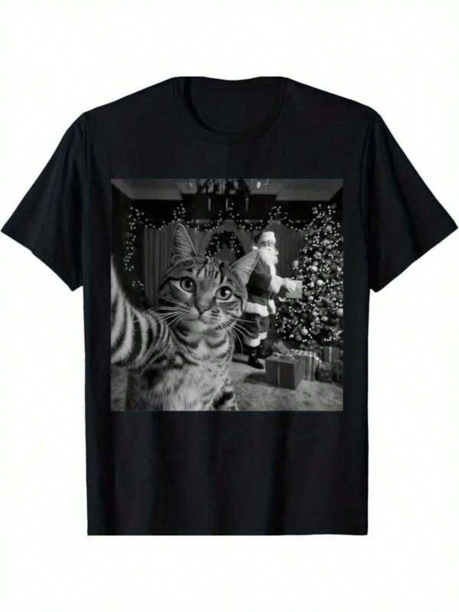 Funny Christmas T-Shirt With Cat And Santa For Men And Women - Casual Short Sleeve T-Shirt With Santa And Graphic, Christmas Party Outfits, Funny Christmas Gifts, Comfortable Crew Neck T-Shirt - 黑色 - 查看 1
