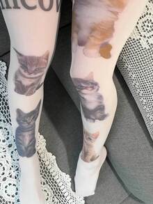 1 Pair Cat Pattern White Transparent Stockings, Snag-Resistant Pantyhose - White - View 4