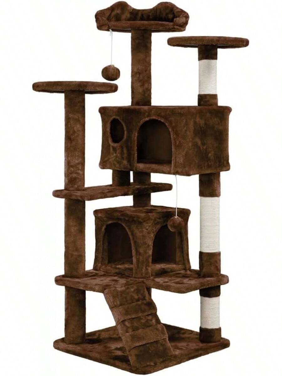Dark Grey Multilevel Cat Tree Tower 138.5cm With Condos Ladder Scratching Posts Indoor Cat Climbing House Pet Activity Centre For Kittens - Brown - View 1