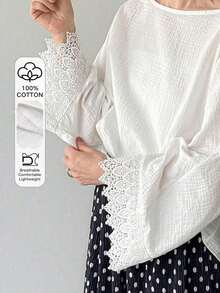 Blusa holgada y versátil de algodón y lino con cuello redondo y encaje de contraste, unicolor, primavera - Beis - Ver 1