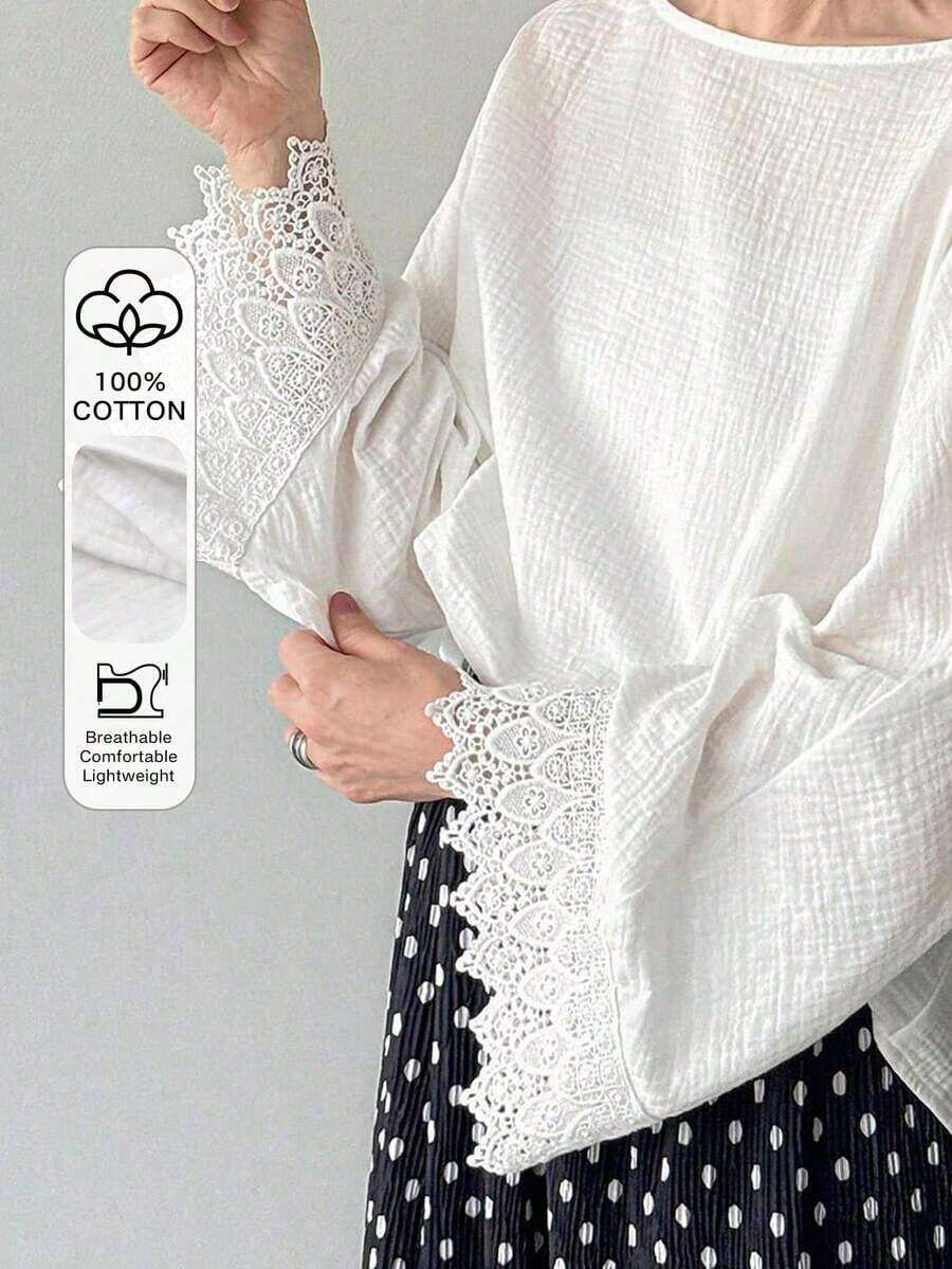 Blusa holgada y versátil de algodón y lino con cuello redondo y encaje de contraste, unicolor, primavera - Beis - Ver 1