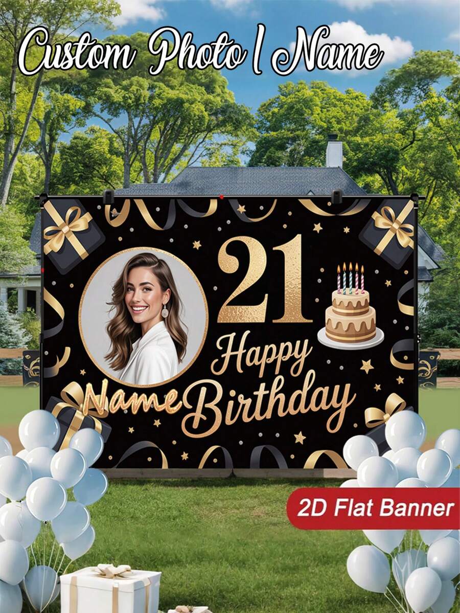 1pc - Personalized Birthday Celebration Backdrop, Deluxe Version - Black Theme Customized Birthday Poster, Made Of Inkjet Printed Vinyl Material, Ideal For Party Decor And Birthday Gift. Suitable For Wall Decor, Includes Birthday Icons, Customized Text And Photo. Available In Multiple Sizes. Personalized 2D Birthday Banner - Customize With Your Photo, Suitable For Porch Decor, Indoor/Outdoor Celebration - Multicolor - View 1