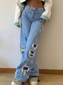 Y2K Retro Mid-Rise Distressed Straight Leg Women's Jeans, Light Blue Washed Contrast Stitching Non-Stretch Loose Floor-Length Pants - Light Wash - View 6