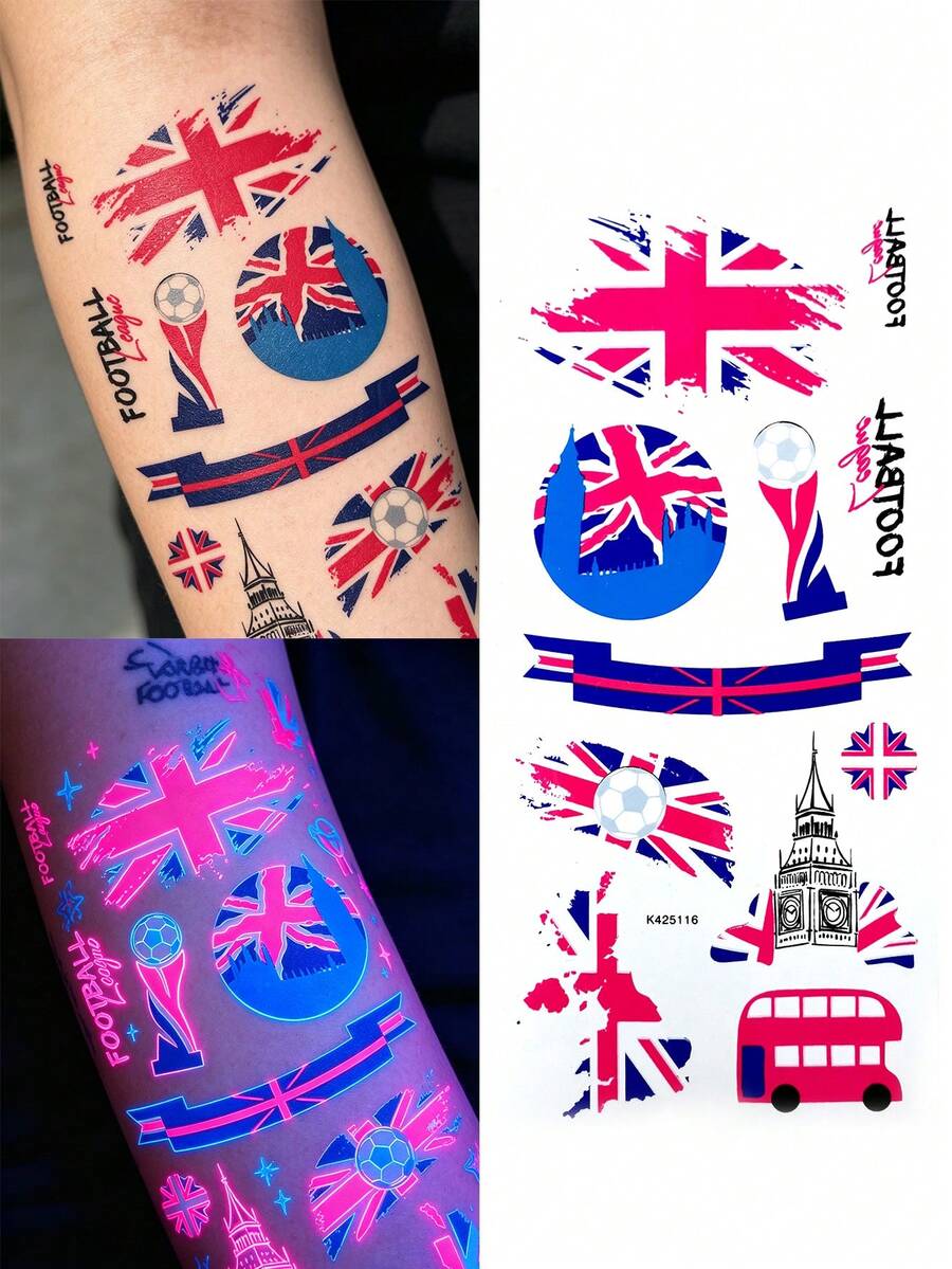 1pc UK World Cup Carnival Theme Tattoo Sticker, Blue & Red Contrast Flag Design, Waterproof & Long-Lasting, World Cup Fan Event Support Personalized Pattern, Sports Party Decoration Temporary Tattoo Sticker