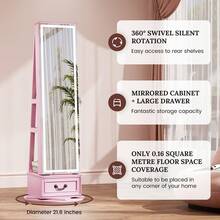 HWB LED Mirror Jewelry Cabinet Standing, 360°Swivel Jewelry Armoire With Full Length Mirror, Mirror With Jewelry Storage And Large Wooden Drawer For Christmas Gifts,Pink - Baby Pink - View 9