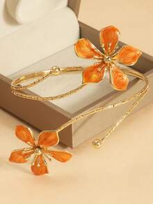 1pc Exquisite Orange Flower Bangle Bracelet, Vacation Style Elegant Niche Accessory - A - View 3