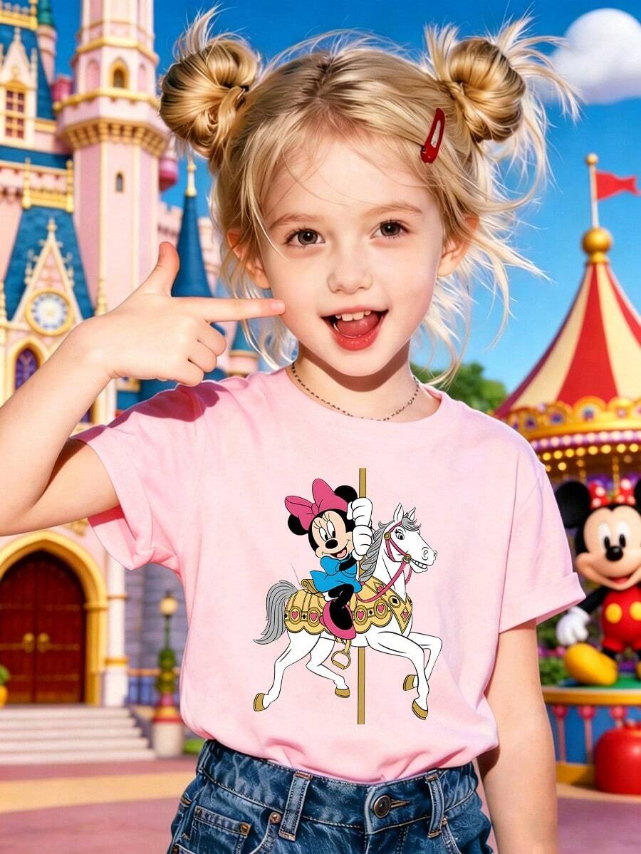Disney Official Licensed Minnie Mouse Carousel Print Cotton T-Shirt For Girls 4-12Y, Ultra Comfort & Super Soft, Relaxed Fit, Stylish, Daily Casual Top, New Arrival, Great Birthday/ Holiday/ Souvenir Gift, High-Appearance, High Turnaround Rate, Express Delivery - Hồng - Xem 1