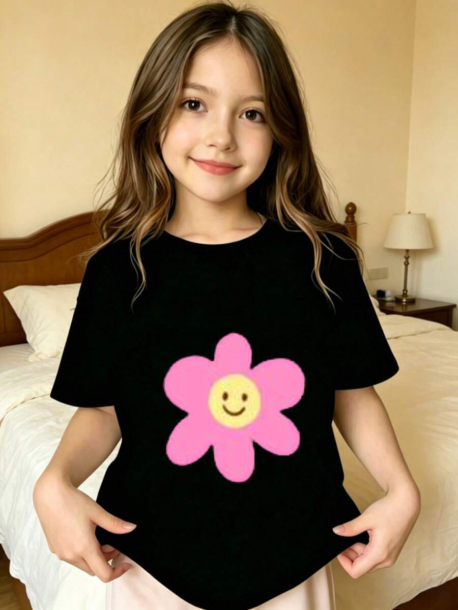 Pink Flower With Face Printed T-Shirt For Kids - 黑色 - 查看 1