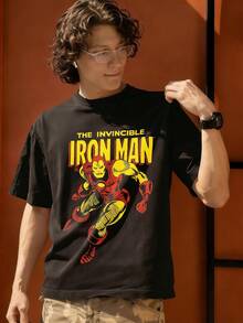 The Invincible Iron Man 100% Cotton T-Shirt, Marvel Superhero Print Men's Top, Casual Summer Streetwear Tee, Ideal Gift For Marvel Fans - Black - View 3