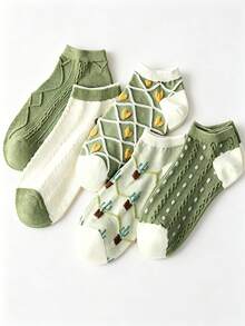 5/10/15 Pairs Fresh Matcha Green Women's Short Socks, Cactus Heart 3D Textured Low-Cut Socks, All-Season Versatile Daily Wear - Multicolor - View 2