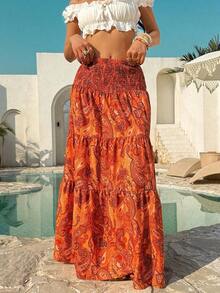 Women's Long Bohemian Print Skirt, Casual For Vacation And Everyday Wear, Spring/Summer - 焦橙色 - 查看 5