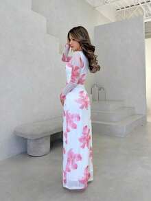 xheJemour Vestido con manga larga y pliegues con estampado floral para una cita romántica para mujeresxhe - Multicolor - Ver 6