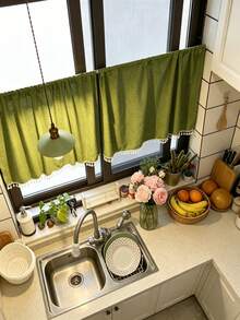 1 Peça Cortinas de Meia Janela com Borlas&Cortinas de Café Sem Varão, Cortinas de Janela com Padrão de Margarida Estilo Nórdico Semi Blackout Bege com Borlas, Cortinas de Meia Janela Clássicas de Café Country Fazenda Cozinha com Bolso para Varão - verde grama - Visão 2