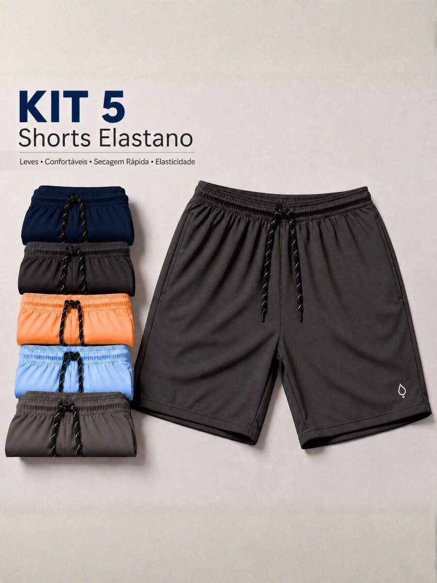 KIT OF 5 Men's Shorts In Tactel Elastane Resin, Casual, Comfortable With Pockets - 鮭魚色/鉛色/海軍藍/黑色/藍色BB - 查看 1