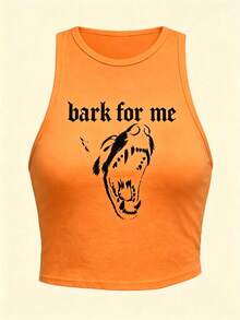 Women's Bark For Me Wolf Pattern Short Tank Top,Y2K Street Style Gothic Fashion Aesthetic Sleeveless Shirt,Streetwear Letter Print Crop Top Black Top - 橘色 - 查看 2