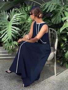 Vestido largo suelto sin mangas de unicolor para mujer, vestidos extra largos con paneles de colores contrastantes - Burdeos - Ver 9