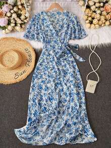 Nuevo 2026  Vestido con estampado floral diminuto, elegante y encantador, con cuello en V y cinturón, con nudo bohemio para mujer, volantes en el bajo, manga envolvente corta, cuello - Negro - Ver 15