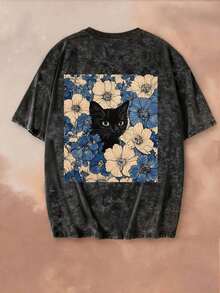 2pcs Nueva camiseta de verano casual con cuello redondo, manga corta, estampado de flores y gato negro, teñida anudada en rosa, blusa versátil y de moda para mujeres - Negro - Ver 2
