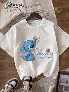 Disney Stitch Butterfly Pattern Letter Print Women'S T-Shirt, Casual Round Neck Short Sleeve Tee, Perfect For Everyday Wear - 白色 - 查看 6