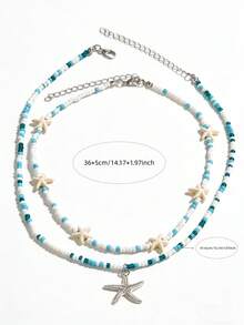 2pcs Boho Versatile Alloy Starfish Pendant Turquoise Beaded Necklace, Suitable For Daily, Beach, Travel Matching - Blue - View 4