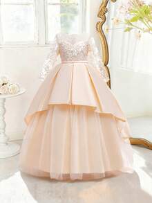 Tween Girls Round Neck Embroidered Floral Rhinestone Mesh Satin Elegant Flower Girl Dress Suitable For Birthday Party Evening Gala Ball Wedding Princess Dress - Champagne - View 4